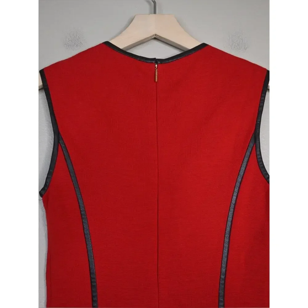 Tory Burch Womens XS Red Wool Blend Sheath Dress with Leather Trim